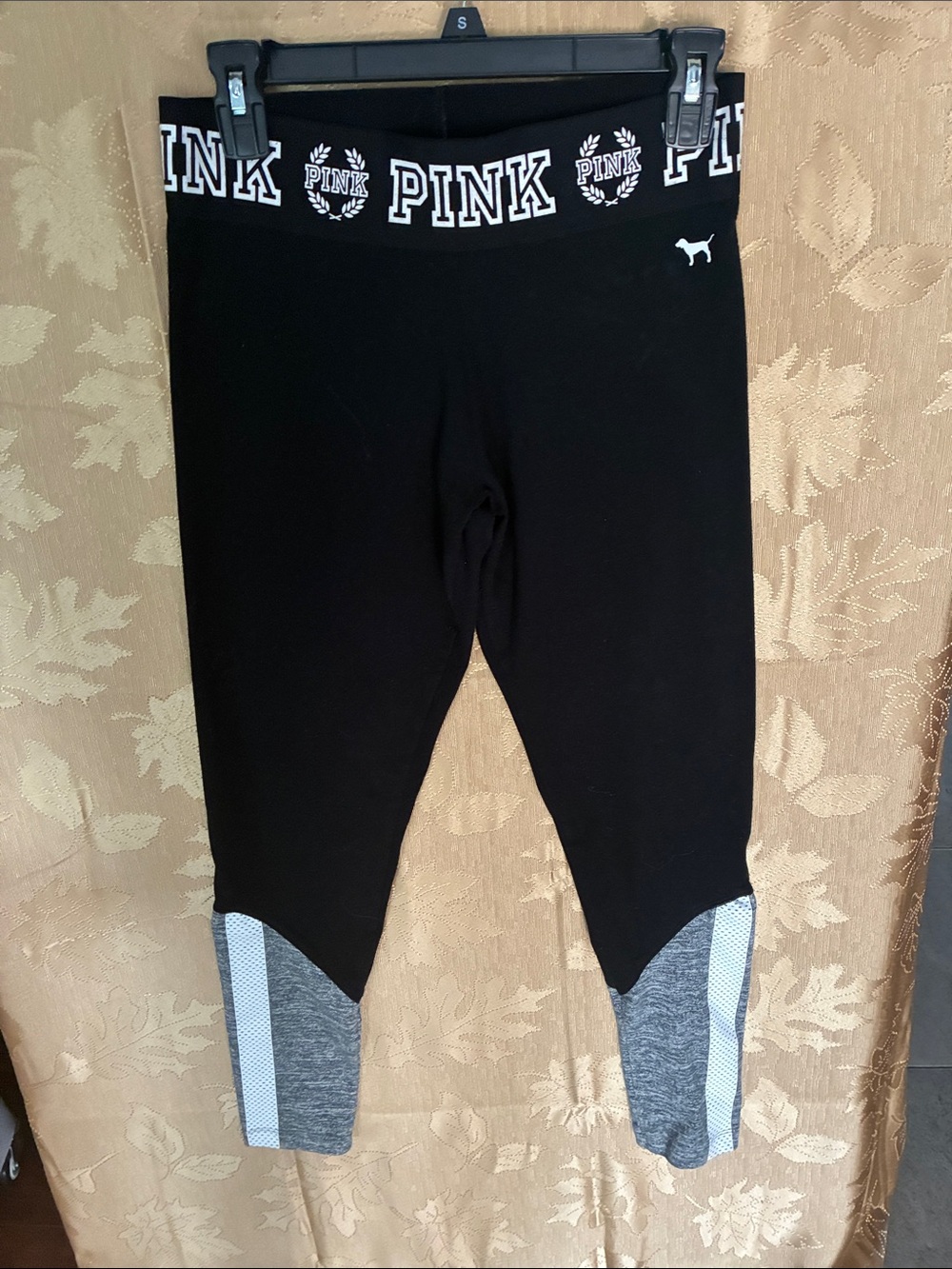 PINK Victoria's Secret Black Leggings with Grey & White Ankle Panels